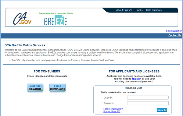 File a real complaint www.breeze.ca.gov