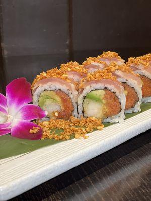 Garlic Albacore Roll - Spicy Tuna, Avocado, Shrimp Tempura with Albacore, Garlic Ponzu, and Fried Garlic