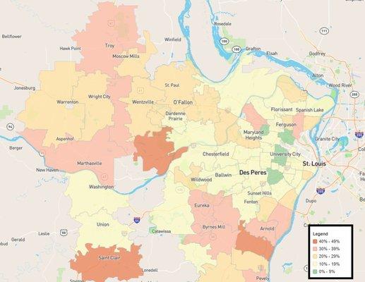 St. Louis Radon Map.  Radon Testing