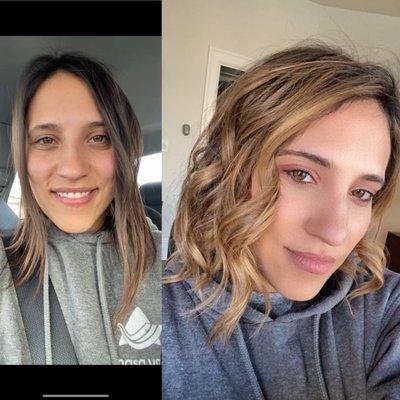 Before and after balayage bronde hair color