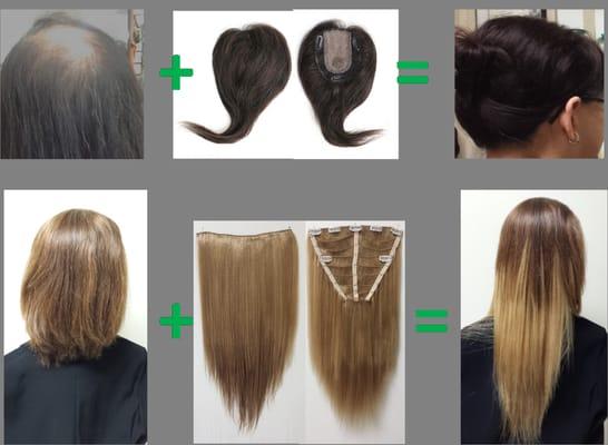 Do you have thinning hair? We have hair pieces!
     Do you want long hair? We make clip on hair extensions!
     You design it, we make it!