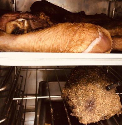 Giant Turkey Legs and Seasoned Roast Beef slow cooked overnight and ready to serve.