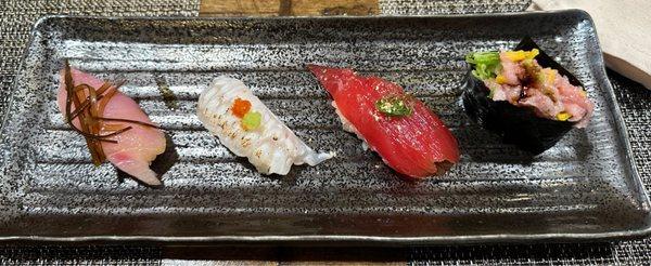 Hamachi, Engawa, seared, Maguro, marinated, Toro with pickled radish