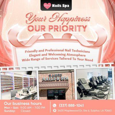 Your Happiness - Our Priority  
Enjoy the best nail services at Kamry Nails Spa!