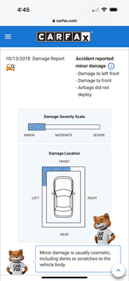 Car Fax previous damage listed on front-left and nothing on left-rear.