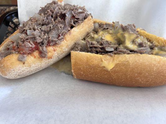 Chopped cheesesteak left and Philly cheesesteak right