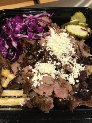 Street fries bowl, beef with pickles, feta, red cabbage.