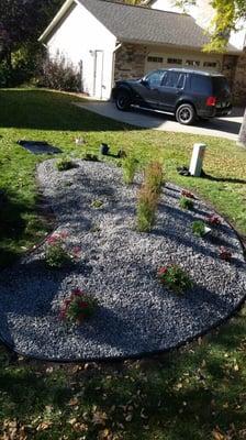 A freshly installed rock bed with perennials and rubber edging.  The Grounds Crew is a full service landscaping company.