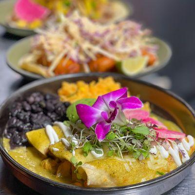 Tomatillo Enchiladas With Rice And Beans