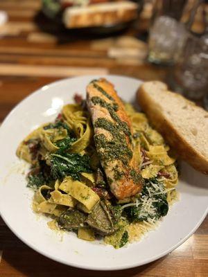 Pappardelle basil pesto with seared salmon