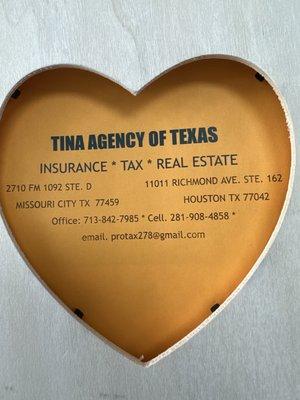 TINA TAX INSURANCE 
2710 FM 1092 SUITE D MISSOURI CITY TX 77459