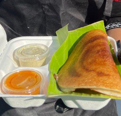 Authentic Darshini Style Masala Dosa served with  Potato palya, Chutney seasoned with spices and Sambhar