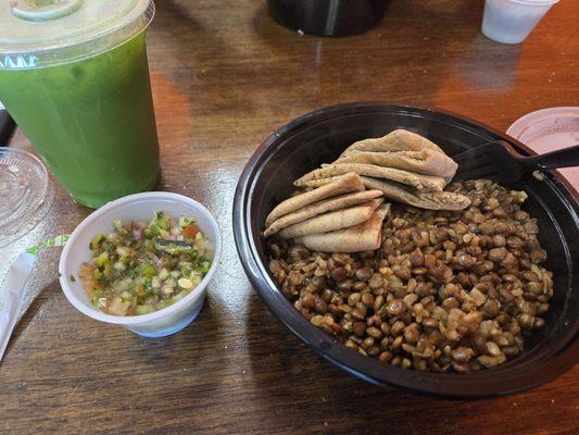 Lentil and Rice bowl with whole wheat pita and cucumber salad, plus green juice