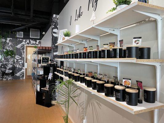 Profile view of the scents and candle jar shelves