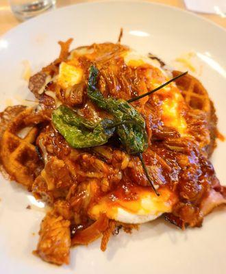 La Jeffa: Johnny cake waffle, BBQ pork, white cheddar, shoulder bacon, and two eggs over medium. Shishito peppers on top. So good!!