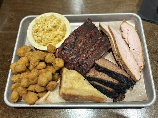 3 Dinner Three Meat Combo: ribs, brisket, turkey w/ mac & okra