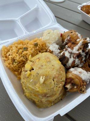 Chicharron de Pollo with Potato Salad and Mofongos