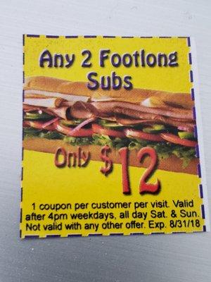 Honor your coupons!!!! Would not let me have "any two" footlongs.