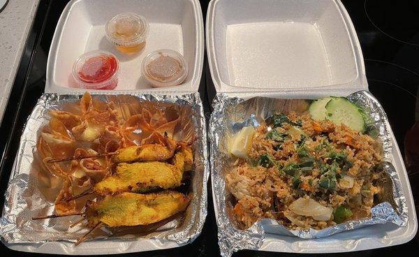 Thai Fried Rice, Chicken Satay Or Beef Or Pork, Crab Wonton