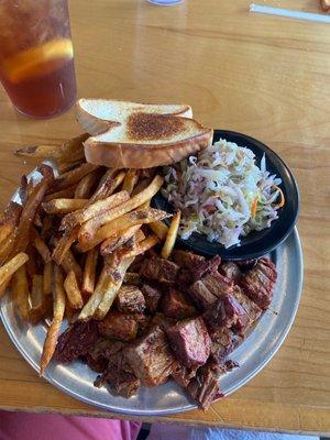 Beef burnt end plate, fries, vinegar slaw