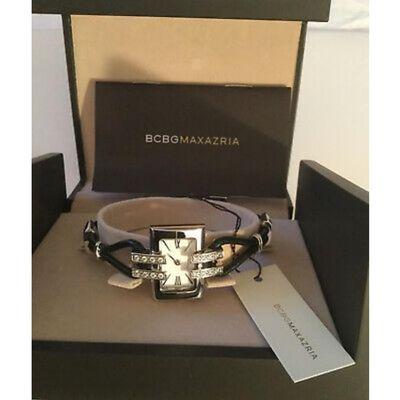 NEW - BCBG MAXAZRIA BG8239 Women's Steel CZ Black Leather Watch w/Box