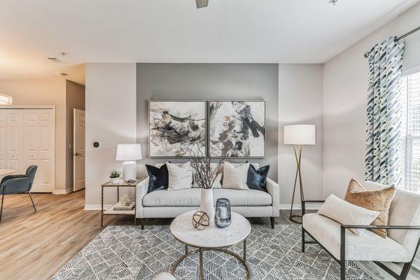 Modern living room in The Oakley at Saraland in Saraland, AL near Mobile, AL