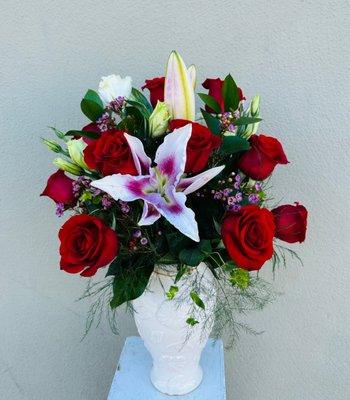 Roses & Lilies in a Lenox Poppy Vase