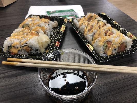 Spicy Tuna Roll and Spicy Salmon Roll.