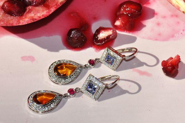 Tanzanite, Citrine, Ruby, and Diamond earrings, set in Platnium one of a kind