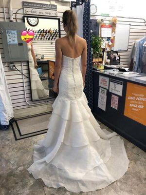 Wedding Dress, tapered and hemmed (back)