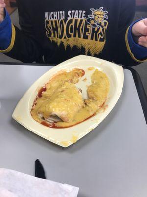 Grandson's favorite! Bean burrito covered with nacho cheese!