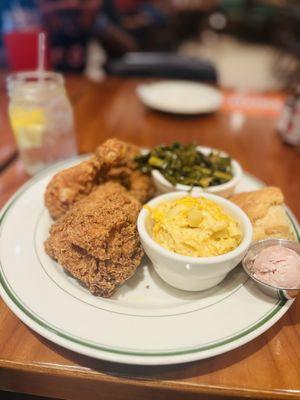 Fried Chicken, Fixin' Sides: Mac n' Cheese and Collard Greens, Buttermilk Biscuits