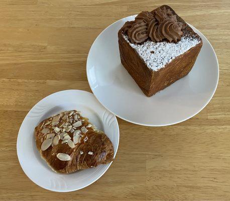 Chocolate cube and small almond croissant