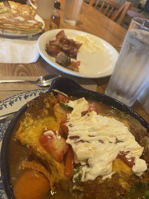 Hash Brown Shepherd Pie, Eggs, and Pancakes.