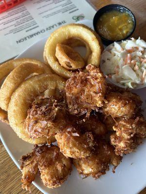 Coconut shrimp, onion rings, coleslaw