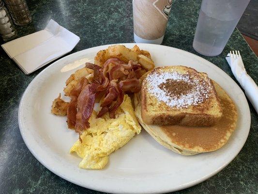 Bacon, French toast, 1 Egg Any Style, pancake, Home Fries