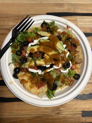 Chicken tostada. It comes with rice and beans (not shown) Healthy and so tasty!