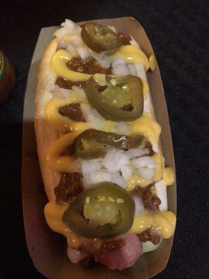 All beef hotdog topped with chili, jalapeño,onions and cheese.