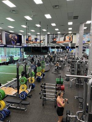 turf to the left, powerlifting platforms center, stacks bottom right, cardio in far back