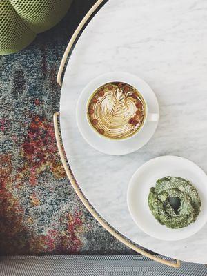 Military latte + matcha donut