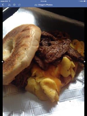 Steak egg and cheese bagel. Ribeye and NY Strip available and made to order