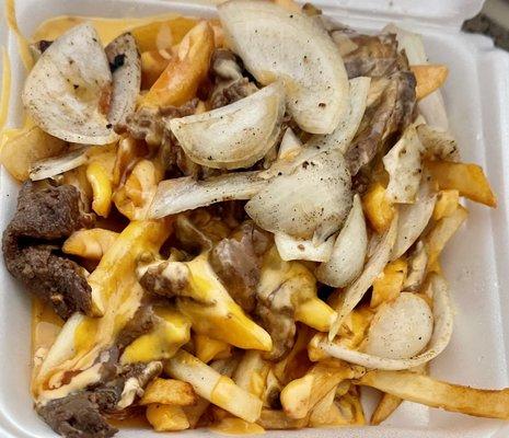 Fusion Fries with grilled onions