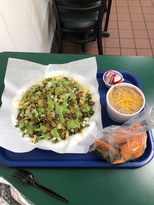 Carne asada fries and a half pint of refried beans