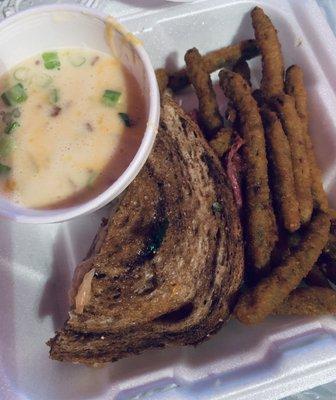 1/2 of my High Rise Reuben Sandwich.  Potato Soup.  Fried Green Beans.  Sorry .. I was eating this before I remembered to snap a picture.