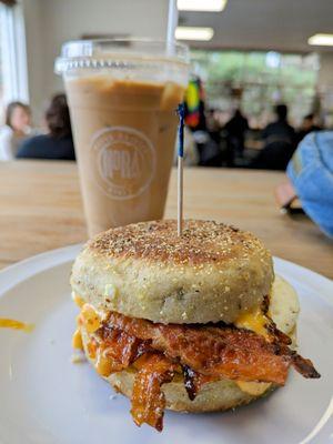 Iced vanilla oat latte and rosemary olive English muffins with bacon and pimento cheese - lifewithhanny