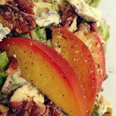 Local peach, local pecans, local bleu cheese, local blueberry dressing on this seasonal salad!