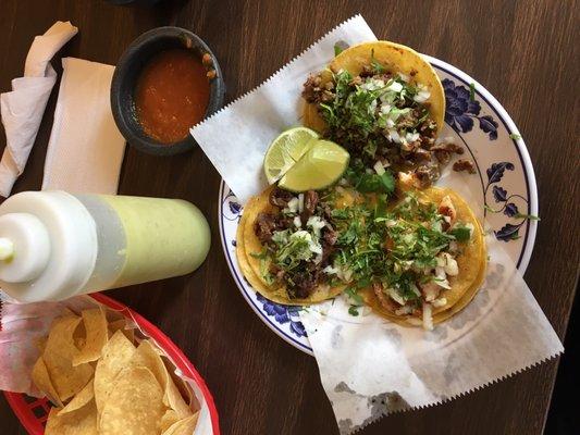 carbon, beef fajtas and camarones....all off the hook authentic and delicious.  The warm chips warm ranchero sauce were devoured as well.