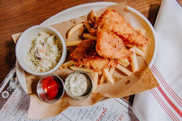 Beer battered fish & chips with coleslaw and the best tartar sauce.