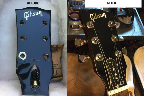 Removed poor finish repair on Gibson Les Paul neck and restored the finish to factory quality.