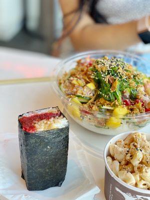 Hot Cheetos Spam Musubi, Mac Salad, Spicy Ahi Bowl